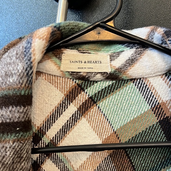 Small green and brown flannel button up shacket from Saints and Hearts - Picture 2 of 5